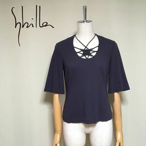 【Sybilla】シビラ 洗える ループ×ローズモチーフ 半袖カットソー Lサイズ レディース パープル系 チャコールグレー トップス コットン