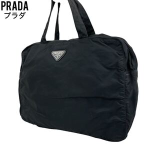 良品　PRADA プラダ　ハンドバッグ　ブラック　黒　ナイロン　レザー　手提げ トートバッグ　ショルダーバッグ　三角プレート　白タグ