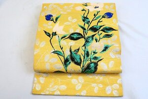 【着物フィ】アンティーク 名古屋帯 絽 刺繍 箔糸 ブルー系 長さ3m31cm 夏帯 大正ロマン　レトロ　お洒落　正絹　17495