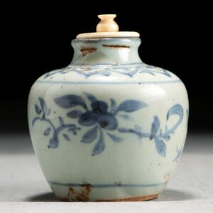 Z118. 中国古玩 明代 古染付 小壺 茶入 合箱 / 陶器陶芸古美術時代茶器