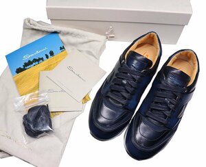 70%OFF◆ハンドペイントによる、美し過ぎる艶ネイビーレザー！【 Santoni / サントーニ (伊 】ラグジュアリーな厚底ドレススニーカー 5