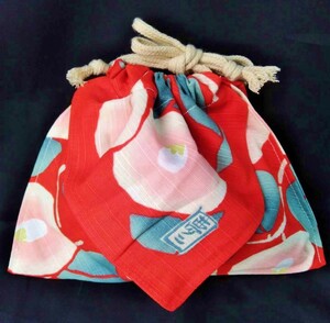 竹久夢二 椿 巾着 ポーチ 赤/風呂敷 バッグ チーフ つばき 花 和柄 和風 和装