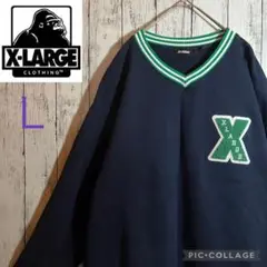 Xlarge スウェット　リンガーネック　リブライン　刺繍ロゴ　Ｌ　紺　緑