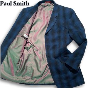 極美品/L相当◎ ポールスミス Paul Smith テーラードジャケット 極上カシミヤ素材 オンブレチェック 青 ブルー 秋冬◎ 入手困難◎