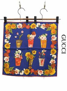 HGC-X262/美品 GUCCI スカーフ 花柄 ひまわり 絵画 紺 シルク イタリア製