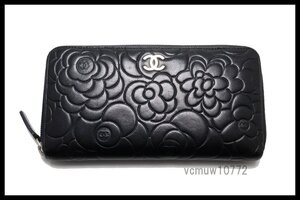 希少美中古■CHANEL 17番台 カメリア SV金具 レザー ラウンドファスナー 長財布 シャネル■1114okF8948-O