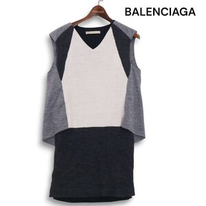 フランス製★ BALENCIAGA バレンシアガ ウール 異素材 切替 デザイン♪ ノースリーブ ワンピース Sz.34　レディース グレー　K4T01289_8#E