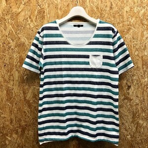 チャオパニック CIAOPANIC Tシャツ 半袖 Uネック カットソー マルチボーダー 小さいポケット L グリーンネイビー×ホワイト メンズ