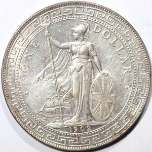 94■英領 香港 壹圓銀幣 1ドル銀貨 1902年 26.87g 39.0mm イギリス銀貨 貿易銀 中國 ONE DOLLAR