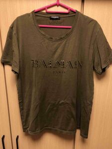 国内正規 17SS BALMAIN バルマン ロゴ クルーネック コットン Tシャツ カットソー カーキ S