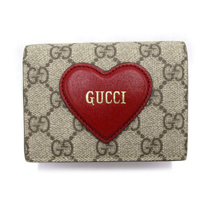 美品 グッチ 財布 GUCCI GGスプリーム 二つ折り ハート モチーフ付き カードケース ウォレット ベージュxレッド 648848