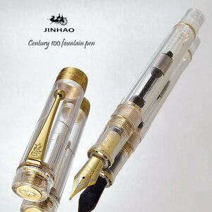 ◆●万年筆【JINHAO/ジンハオ】Century 100 クリア 透明 太軸 アクリル軸 ゴールドトリム 両用式 滑らか F 細字 デモ 新品 1円～ /JH165CL