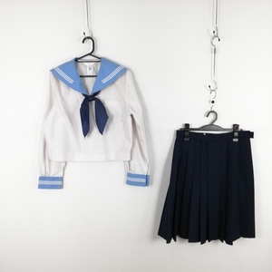 1円 セーラー服 スカート スカーフ 上下3点セット 165B 大きいサイズ 中間服 白3本線 女子 学生服 高知学園 白 制服 中古 ランクC EY8127