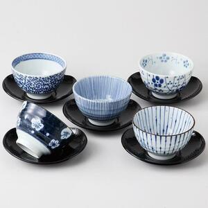 美濃焼！ ☆藍染五様・茶托付煎茶揃☆ Ｖ4148-4 新品 湯呑 汲出し 日本茶 ほうじ茶 茶器 ギフト