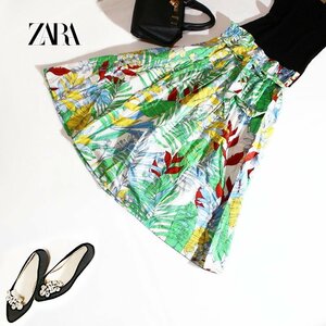 ZARA woman ザラ ウーマン 春 夏 イラスト リゾート フラワー プリント ベルト付き ロング丈 フレアスカート M ホワイト 白 グリーン 青