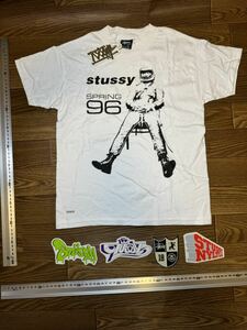 STUSSY 非売品アストロ宇宙飛行士Tee(M) ステッカーアストロ (白)SET 96当時モノ OLD オールド ステューシー ￥1 最落無し限定ノベルティ 