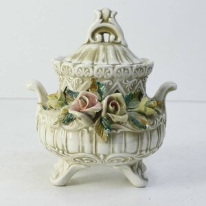 イタリア製 カポディモンテ 薔薇 陶花 キャンディポット 小物入れ 蓋物 Capodimonte★985v20