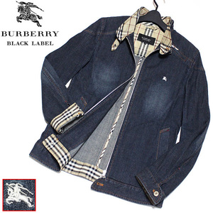 良品！M(2)★ホース刺繍&ノバチェック★バーバリーブラックレーベル USE加工デニム ライダースジャケット■BURBERRY BLACK LABELブルゾン