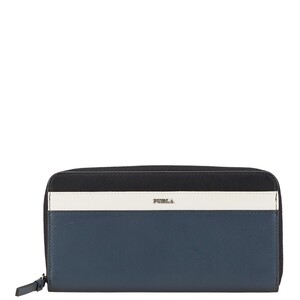 フルラ バイカラー ラウンドファスナー 長財布 ネイビー ホワイト ブラック レザー レディース Furla 【中古】