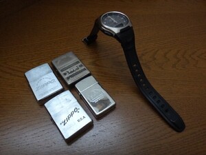 ZIPPO ジッポ オイルライター zippoロゴ デザイン 4個・ CASIO カシオ メンズ腕時計 1本セット【現状品・ジャンク品扱い】