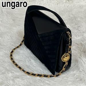 【ungaro】ヴィンテージ　黒　チェーンショルダー　レザー　ベルベット　金　ロゴ　ウンガロ　昭和　平成　ハンドバッグ