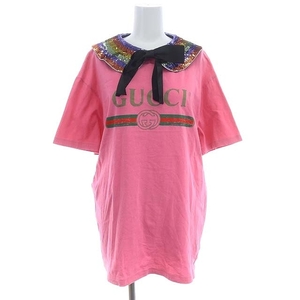 グッチ GUCCI オールドロゴ スパンコール襟付き Tシャツ 半袖 リボン L ピンク 469307 /HS ■OS レディース