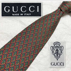 GUCCI グッチ　ネクタイ　金具　紐　総柄　シルク100% イタリア製　グリーン×レッド