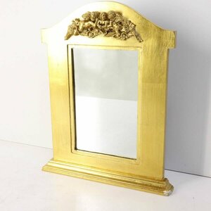 アンティーク調 金彩 天使の飾り ウォールミラー 37×36cm ゴールド色 壁掛け鏡 ロココ★782v12