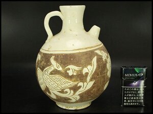 【銀閣】中国美術 磁州窯 十世紀後半 白磁掻落鳳紋水注 瓶 高23cm 旧家蔵出 送料無料(LC248)