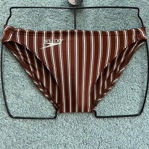 ミズノ製　SPEEDOロゴ　超光沢生地　競泳パンツ　ブラウン系ストライプ　中古・美品