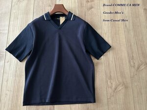 新品 COMME CA MEN コムサメン ニットリブコンビ スキッパーカットソー 09ネイビー Mサイズ 42TE02 定価17,600円