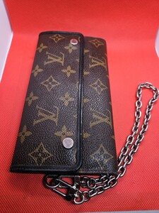 正規品 美品 LOUIS VUITTON ルイ ヴィトン モノグラムマカサー ポルトフォイユ ロン 3つ折長財布 チェーン付き F0680