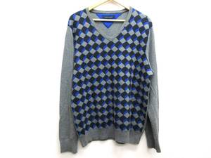 【10-157】TOMMY HILFIGER トミーヒルフィガーVネック ニット サイズL グレー ネイビー ブルー 模様入り 