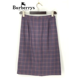 B0006/ビンテージ 80s 極美品 BURBERRY バーバリー ウール シルク チェック スリット タイト ロング ミモレ丈 スカート13 XL紫 レディース