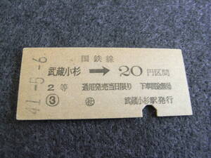 南武線　武蔵小杉→国鉄線20円区間　昭和41年5月6日　武蔵小杉駅発行