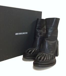 ANN DEMEULEMEESTER アンドゥムルメステール デザイン ヒールブーツ シューズ 靴 バックジップ 黒 レザー ITALY製 レディース 38 (ma)