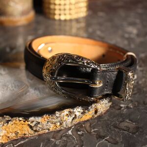 USA VINTAGE GINNIE JOHANSEN BUCKLE DESIGN METALWORK LEATHER BELT/アメリカ古着バックルデザインメタルワークレザーベルト