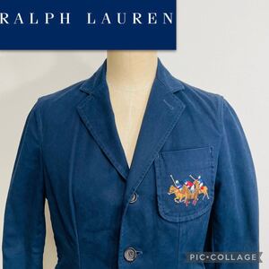 ラルフローレン テーラードジャケット◎刺繍ロゴ 美品 POLO シングルブレザー ブレザー ネイビー