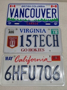 3枚セット★ナンバープレート VANCOUVER/VIRGINIA/CALIFORNIA カー用品 USED 11711★！！