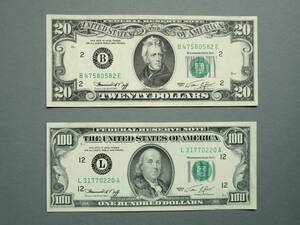 $20 & $100 1974 US Federal Reserve Small Notes