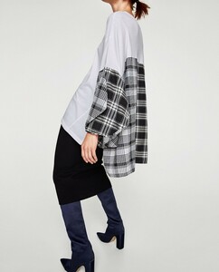 ZARA ザラ 変形ボリューム袖 チェック切り替えプルオーバーカットソーTシャツ M