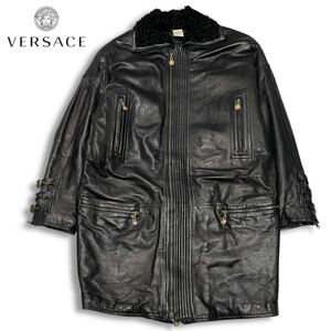 34 レア 正規品 アーカイブ Vintage GIANNI VERSACE ヴェルサーチ 90s シープレザー ロング コート メデューサ ロゴ 金ボタン LONG COAT 46