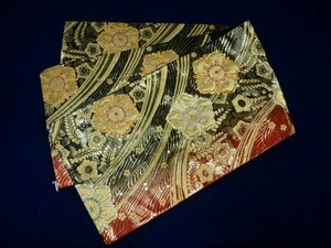 振袖用袋帯　0468　黒/金/赤　華文（中古）（レターパック不可）　　　