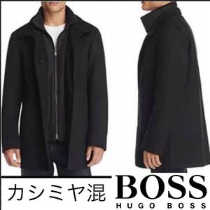 良品■ヒューゴボス■カシミヤウール ダブルフェイス ショート ハーフコート 52 XL 黒 ブラック HUGO BOSS CASHMERE WOOL ジップアップ