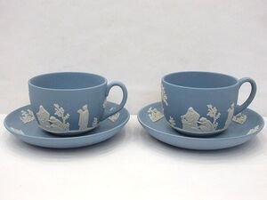 ●WEDGWOOD ウェッジウッド ジャスパー カップ＆ソーサー ペールブルー 2客 セット イングランド製 洋食器 食器 現状品●