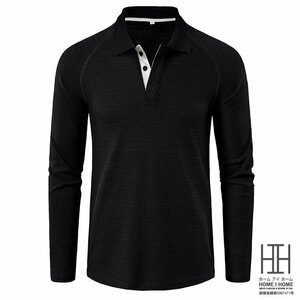 S ブラック ポロシャツ メンズ ゴルフウェア 長袖 大きいサイズ ラグランスリーブ ビッグシルエット ワッフル
