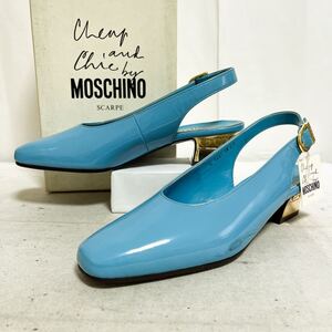 和516★ 未使用 MOSCHINO モスキーノ ミュール パンプス エナメル パテント ヒール 5.5 ライトブルー レディース 