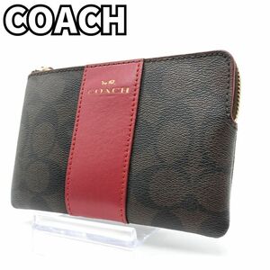 上品で洗練された佇まい★　コーチ COACH ポーチ 小物入れ シグネチャー バイカラー 財布 コインケース　赤 ブラウン