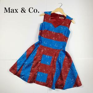 Max&Co BOUTIQUE マックスアンドコーブティック Vネックワンピース 刺繍 ドレス レディース サイズ38 M相当 ブルー×レッド ノースリーブ