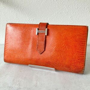 ●HERMES エルメス ベアンスフレ リザードレザー 長財布/ロングウォレット/エルメスオレンジ/J刻印/中古